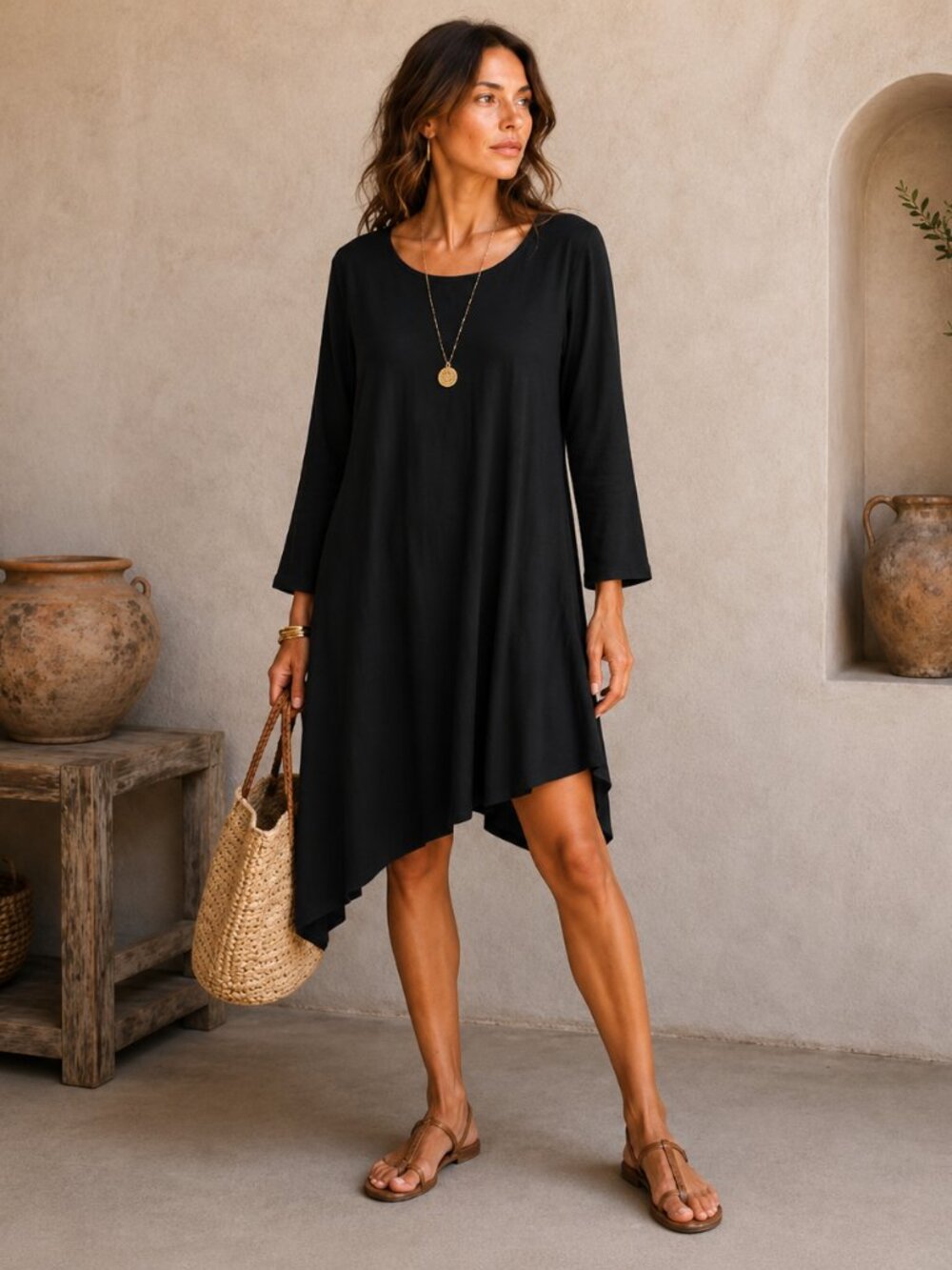Bryn Walker Womens XL Black Asymmetrical Tunic Dress Lagenlook Artsy Minimalist